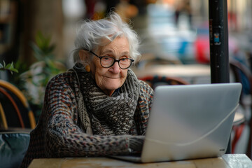 Old lady working at laptop communicating or doing networking business