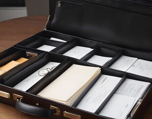 Organizing Documents in a Briefcase. documents and folders in a leather briefcase, with the focus on the sorting and placement of important business papers.
