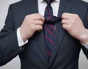Adjusting a Tie Before a Business Meeting. getting ready for a business meeting. The focus is on the precise movement of tightening the knot and the fabric's texture, set against the backdrop