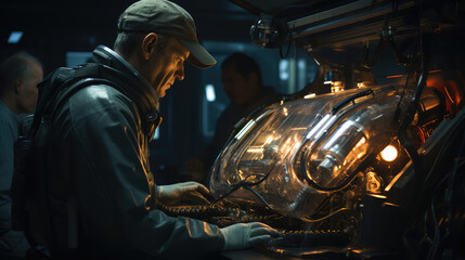 In the style of science fiction, an astronaut in their space suit is sitting at the console and holding onto a glowing hologram device with both hands while talking to another humanoid robot. 