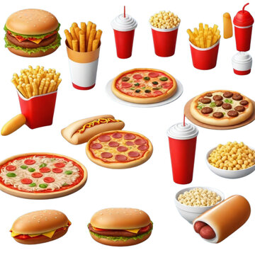 3d realistic render fast food icon set on Isolated transparent background png. generated with AI