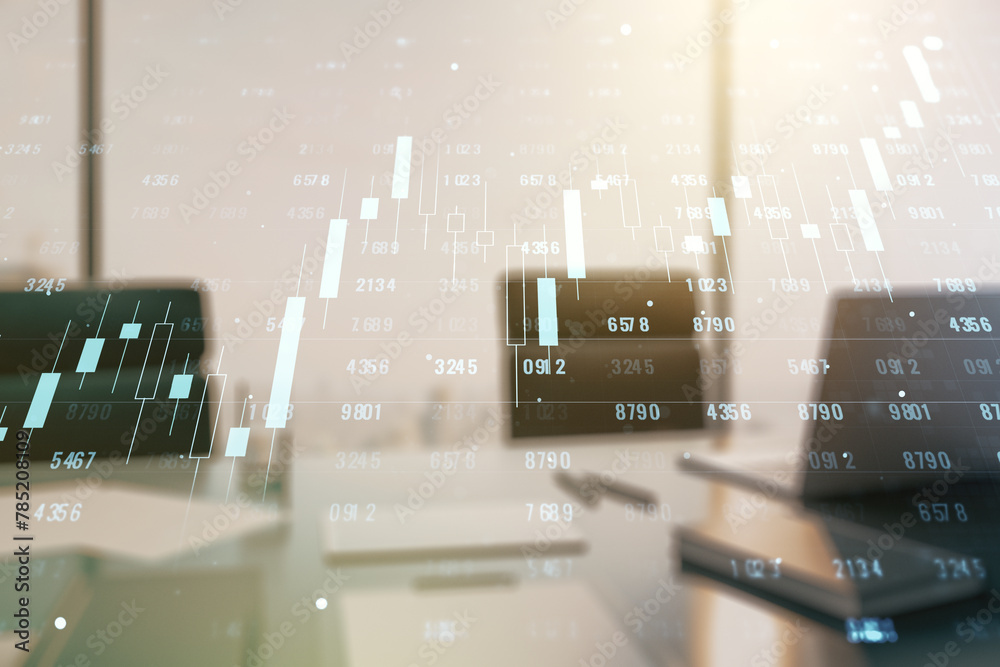Fototapete abstract creative stats data concept and modern desktop with computer on background. multiexposure
