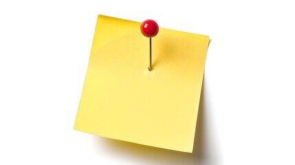 Vibrant yellow sticky note pinned with red tack isolated on white. Simple and clean design for reminders and office use. Ideal for messaging and note-taking. AI