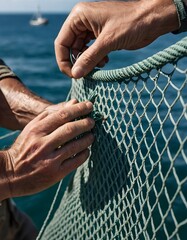 fisherman's hands repairing a fishing net, with the focus on the fingers threading a needle through the mesh. The texture of the net and the meticulous work involved are highlighted 
