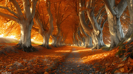 Beautiful Autumn Woodland Golden Beech Trees,
Autumn morning in the woods
 - obrazy, fototapety, plakaty