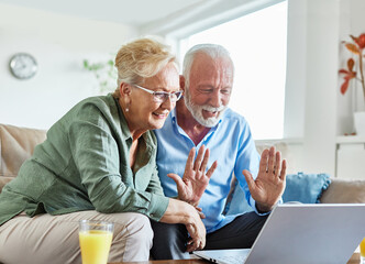 woman couple senior man happy internet love laptop call video communication online together mature...