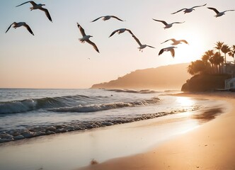 Seagulls Flying Over the Shoreline at Dawn. The early morning light softly illuminates the beach, with seagulls in mid-flight over the gentle waves. The tranquility of the scene, with the soft colors 