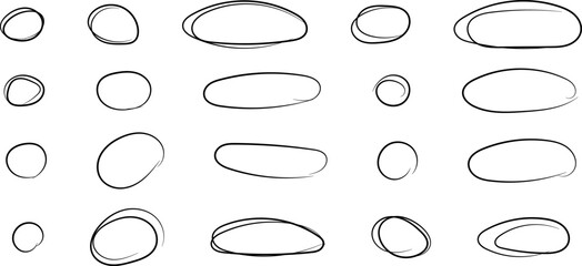 Set of hand drawn doodle ellipses. Hand drawn doodle circle highlights. Brush marker pen round ovals. Round scrawl frames. Vector illustration of freehand painted circular notes. Marker round elements - obrazy, fototapety, plakaty