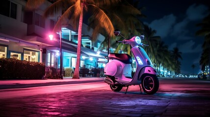 Classic scooter parked in Miami Beach at night