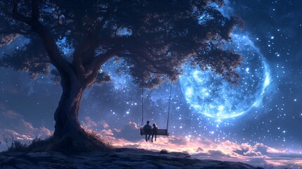 foggy moonlit sky, man and woman sitting on a swing under a tree