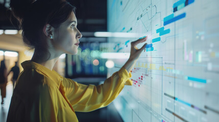 Woman touching virtual screen with project plan or gant chart on digital interface for business management and strategy planning.