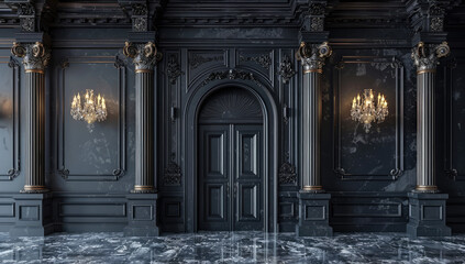 Black wall background, classical style interior design, door and columns with chandeliers on the walls, marble floor. Created with Ai