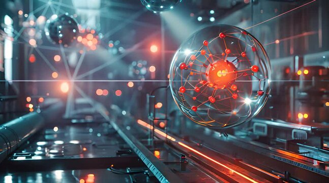 Visualization of an antimatter molecule in a high   security lab, glowing containment fields, dark futuristic setting