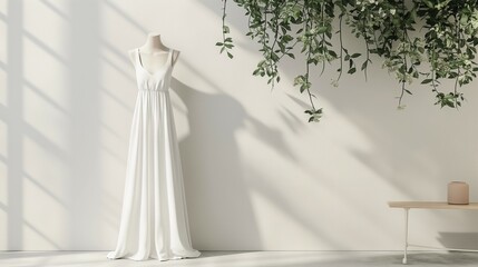 Sleeveless white long dress mockup, mannequin dress, white wall background
