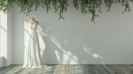 Sleeveless white long dress mockup, mannequin dress, white wall background