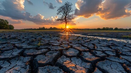 Sunset Over Parched Earth: A Stark Warning of Climate Change. Concept Climate Change, Environment, Sustainable Living, Consequences, Awareness - obrazy, fototapety, plakaty