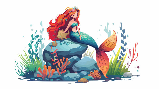 A beautiful little mermaid is sitting on a rock.
