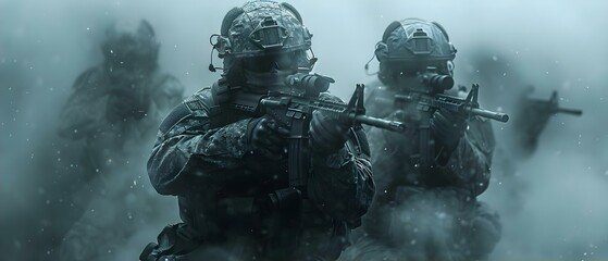 Fototapeta premium Digital Battleground: Soldiers in a Haze of Survival. Concept Military Strategy, Virtual Warfare, Survival Tactics, Artificial Intelligence, Team Coordination