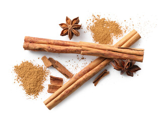 Dry aromatic cinnamon sticks, powder and anise stars isolated on white, top view