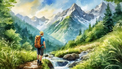 people hiking exploring the mountain lush greenery and flowing streams river, digital watercolor painting