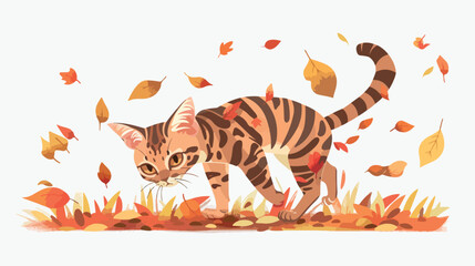 A Bengal kitten exploring an autumn lawn flat vector illustration