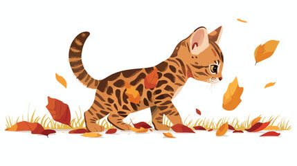 Fototapeta na wymiar A Bengal kitten exploring an autumn lawn flat vector illustration