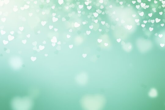 Light mint green background with white hearts, Valentine's Day banner with space for copy, mint green gradient, softly focused edges, blurred
