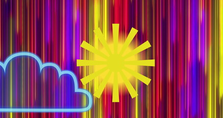 Image of sun and clouds over striped colorful background