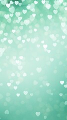 Fototapeta na wymiar Light mint green background with white hearts, Valentine's Day banner with space for copy, mint green gradient, softly focused edges, blurred