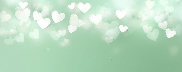 Light mint green background with white hearts, Valentine's Day banner with space for copy, mint green gradient, softly focused edges, blurred