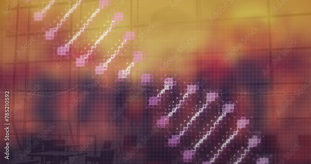 Poster image of moving columns over data processing on orange background