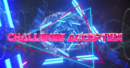 Image of challenge accepted text banner over neon blue glowing tunnel in seamless pattern