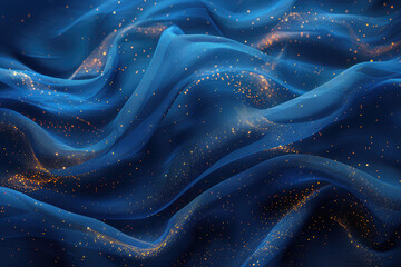 A digital art composition of deep blue silk waves, with subtle golden glitter and starlike details, creating an ethereal atmosphere. Created with Ai - obrazy, fototapety, plakaty