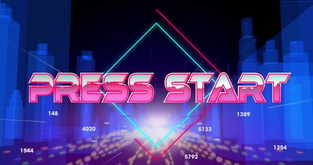 Image of press start text banner over light trails and 3d city model against black background