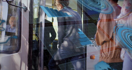 Obraz premium Image of scope scanning and data processing over diverse people in bus