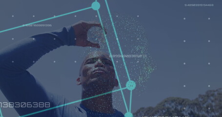 Image of data processing over african american man with bottle of water