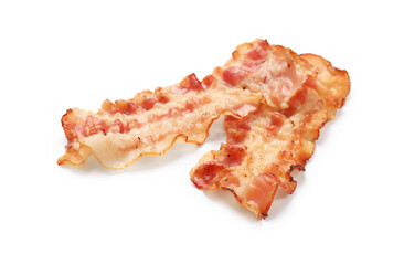 Delicious fried bacon slices isolated on white