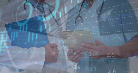 Image of statistics and data processing over midsection of caucasian male doctors