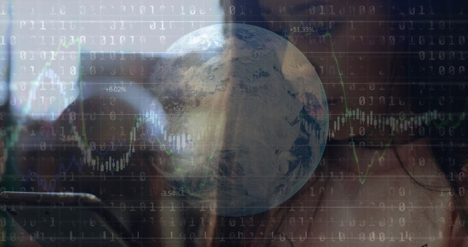 Image of globe, graphs and binary codes over asian teenage girl studying over digital tablet