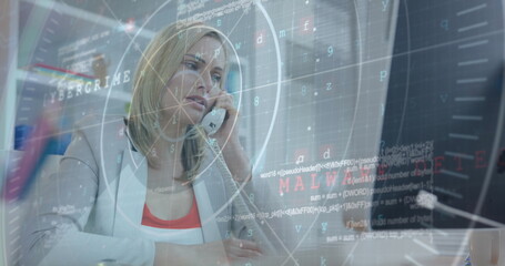 Image of data processing over caucasian businesswoman in office