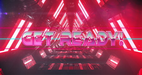 Image of get ready text banner over neon red glowing tunnel in seamless pattern