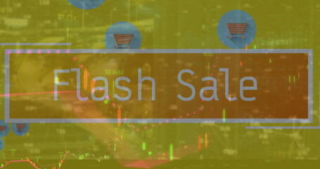 Image of data processing and flash sale text with icons over cityscape