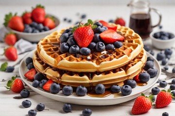 Waffles with syrup and berries and strawberries on white plate white wooden table
