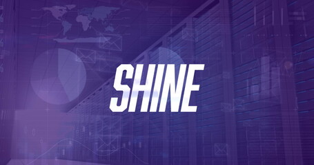 Image of shine text banner and statistical data processing against computer server room