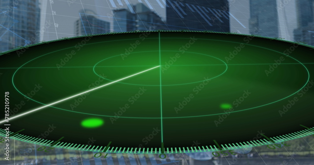 Wall mural This image features a radar screen with moving spots that represent financial data and graphs