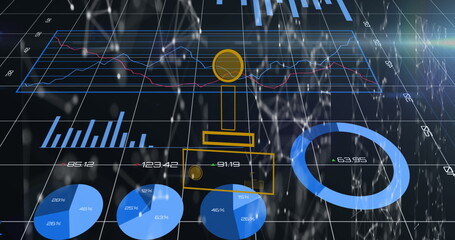 Image of yellow game controller, connected dots moving over multiple graphs on grid pattern