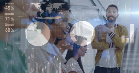 Image of infographic interface over caucasian man looking at his partner at office