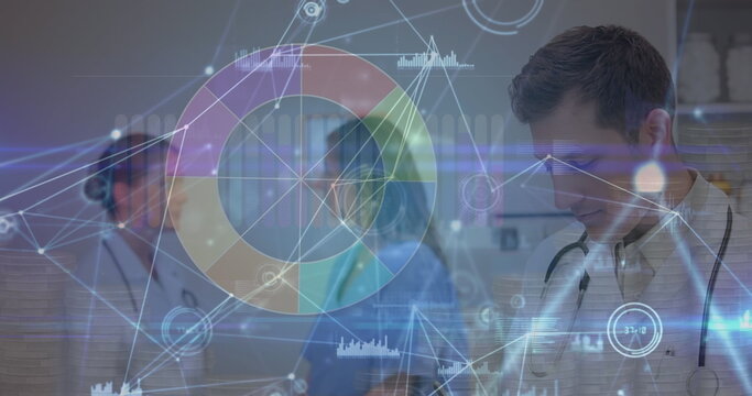 Image of data processing over caucasian doctors talking