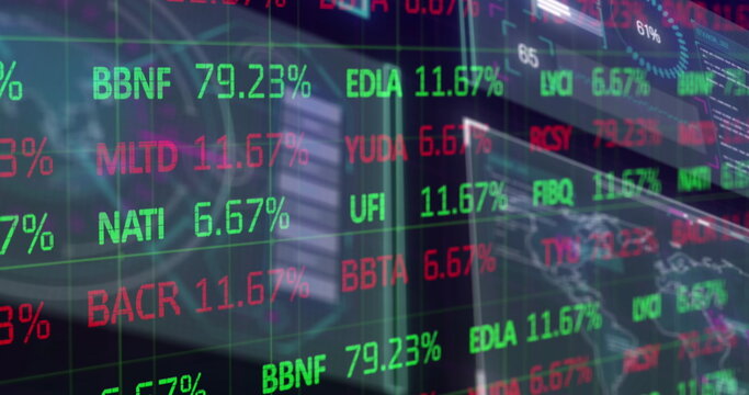 Image of trading board over infographic interfaces against black background - Powered by Adobe