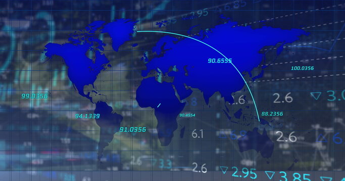 Image of cityscape and world map over data processing